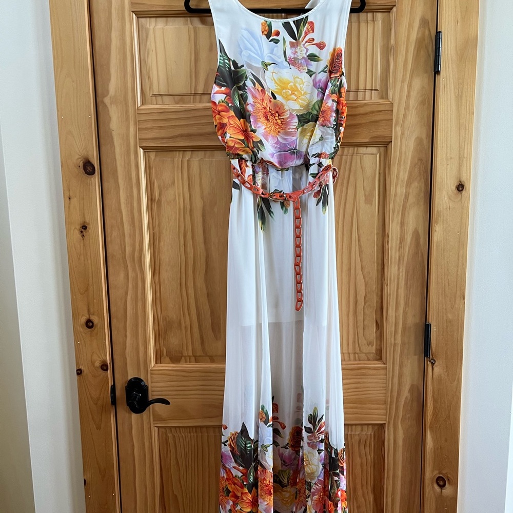 Floral Sleeveless Maxi Dress - White and Orange Floral